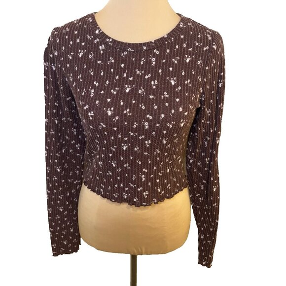 Aero OG Shrunken Tee Brown Floral Waffle Long Sleeve Crop Top Women's Size M - Picture 2 of 8